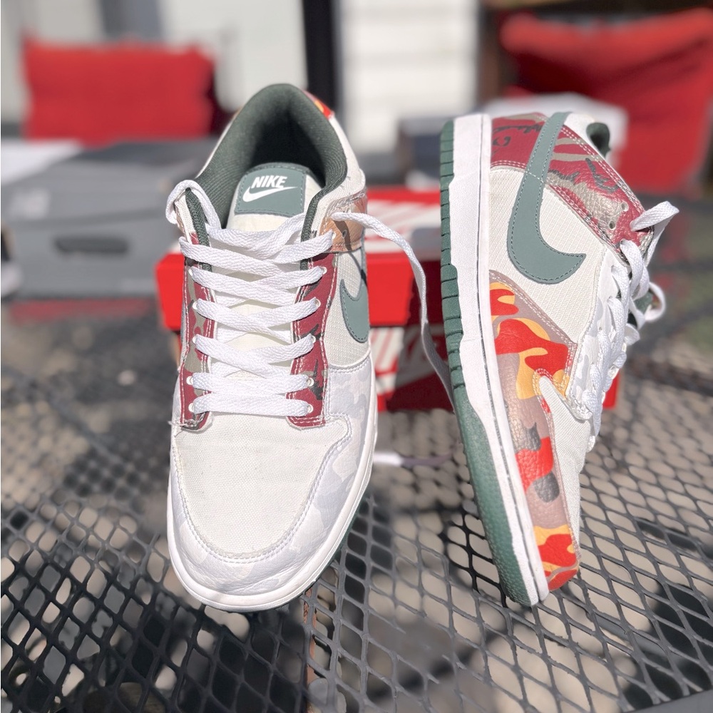 Nike Women’s Sneakers - White, Green, and Red Camo - 8W - some grey & beige